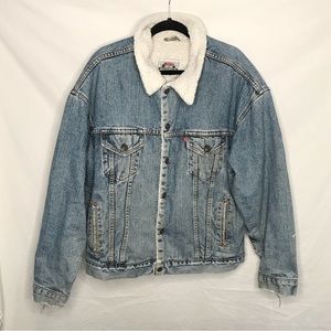 Vintage 80s 90s‎ Levis Jean Denim Trucker Jacket Sherpa Lined XL USA Distressed